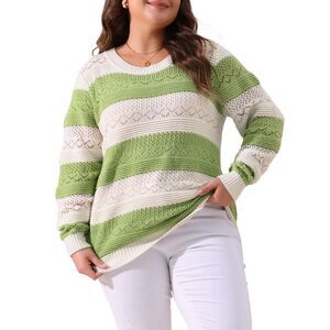 Plus Size Sweaters Casual Long Sleeve Crewneck Hollow Pullover Tops Green White